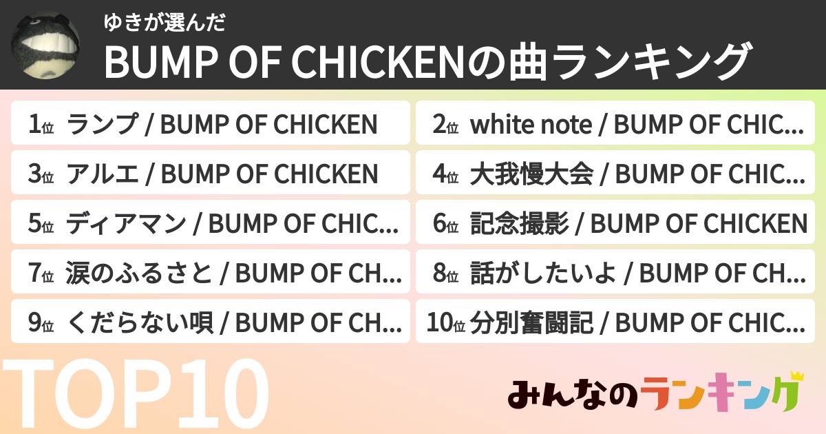 ゆきさんの「BUMP OF CHICKENの曲ランキング」