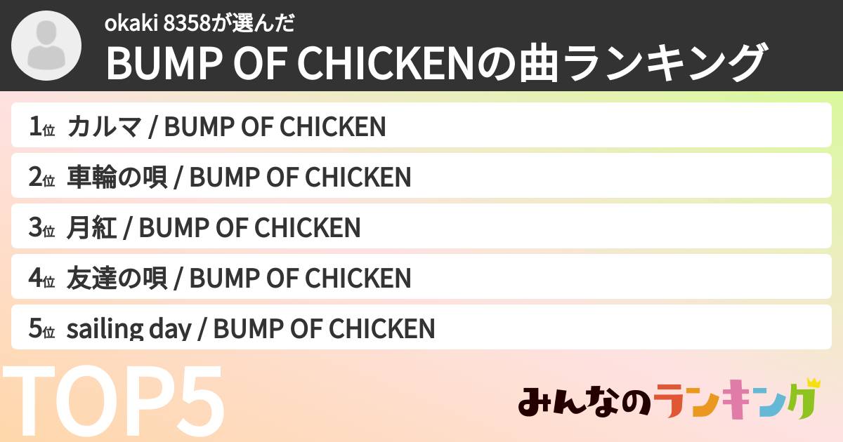 okaki 8358さんの「BUMP OF CHICKENの曲ランキング」