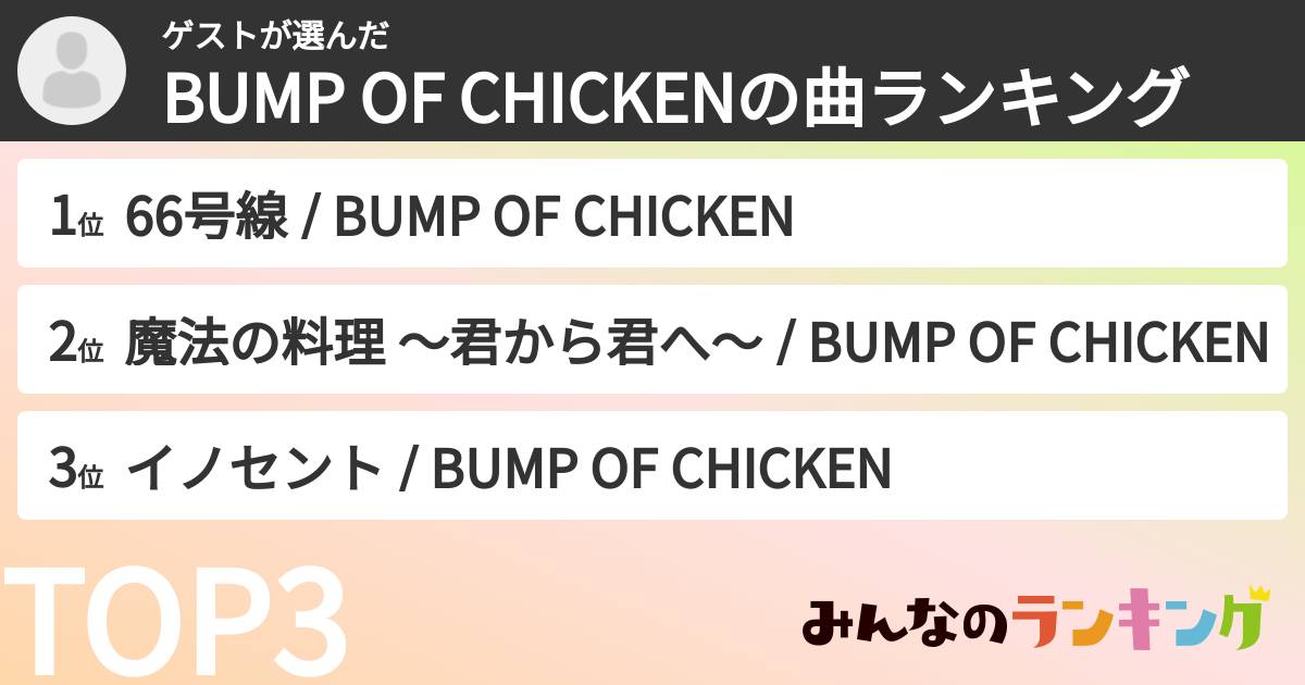 ゲストさんの「BUMP OF CHICKENの曲ランキング」