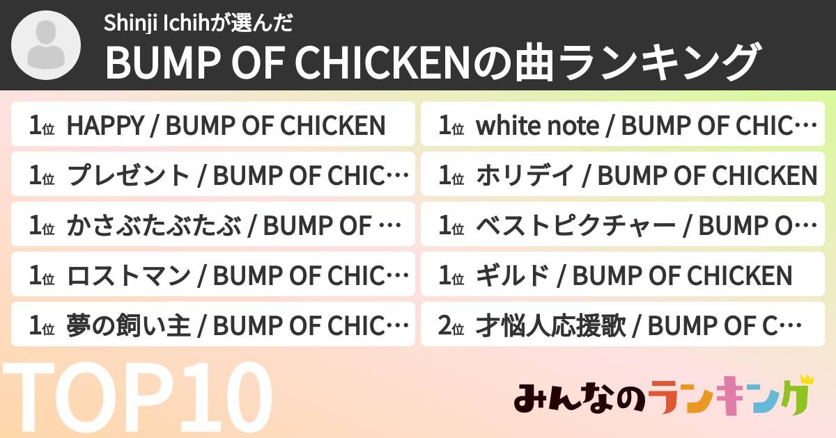 Shinji Ichihさんの「BUMP OF CHICKENの曲ランキング」