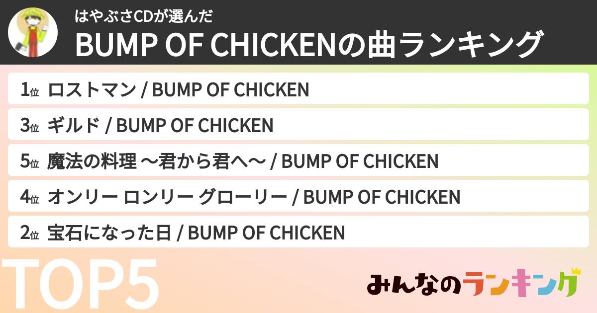 はやぶさCDさんの「BUMP OF CHICKENの曲ランキング」