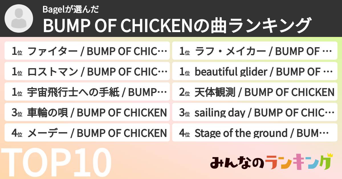 Bagelさんの「BUMP OF CHICKENの曲ランキング」