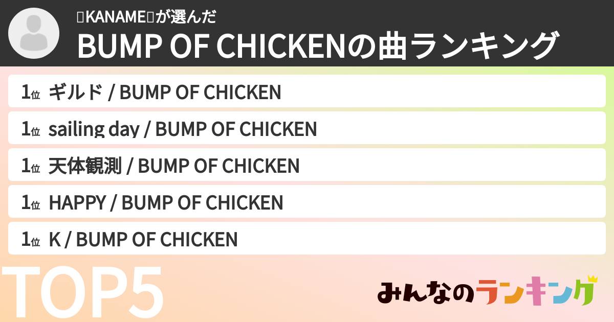 🧅KANAME🐎さんの「BUMP OF CHICKENの曲ランキング」