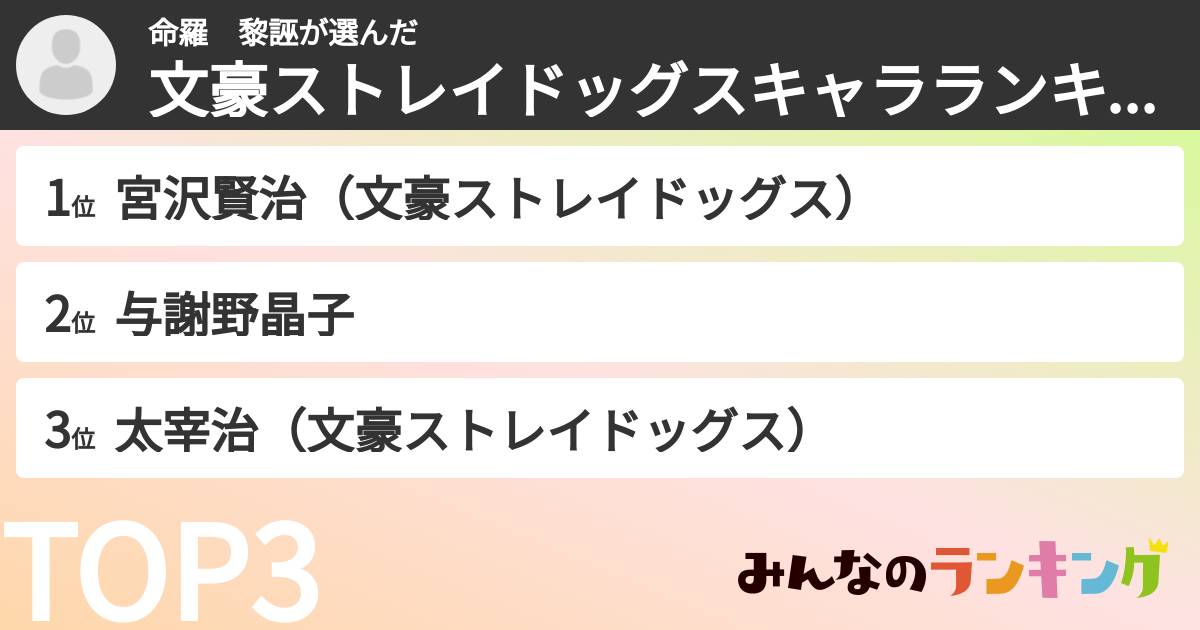 命羅　黎誣さんの「文豪ストレイドッグスキャラランキング」