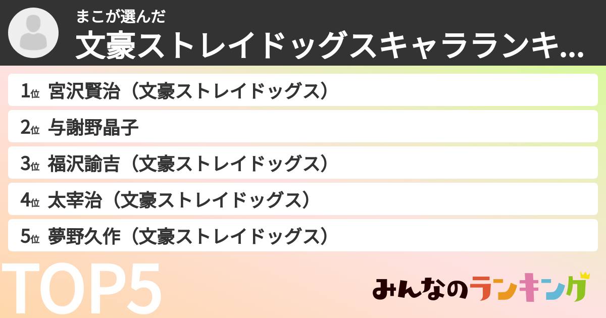 まこさんの「文豪ストレイドッグスキャラランキング」