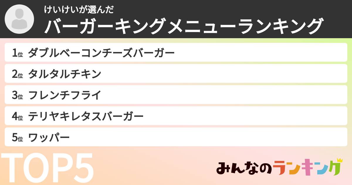 けいけいさんの「バーガーキングメニューランキング」