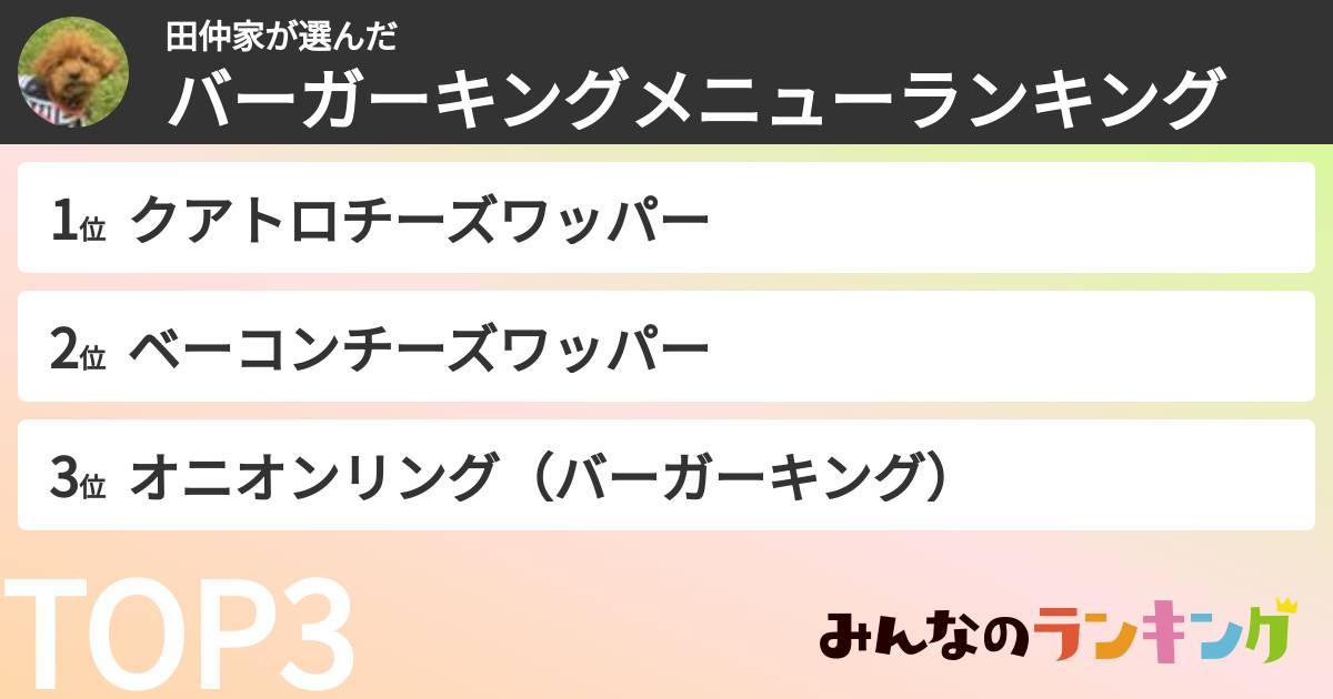 田仲家さんの「バーガーキングメニューランキング」