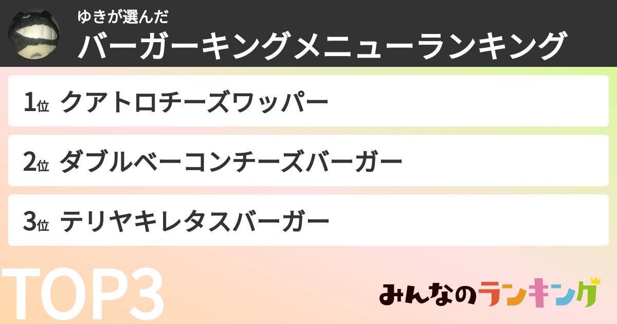 ゆきさんの「バーガーキングメニューランキング」