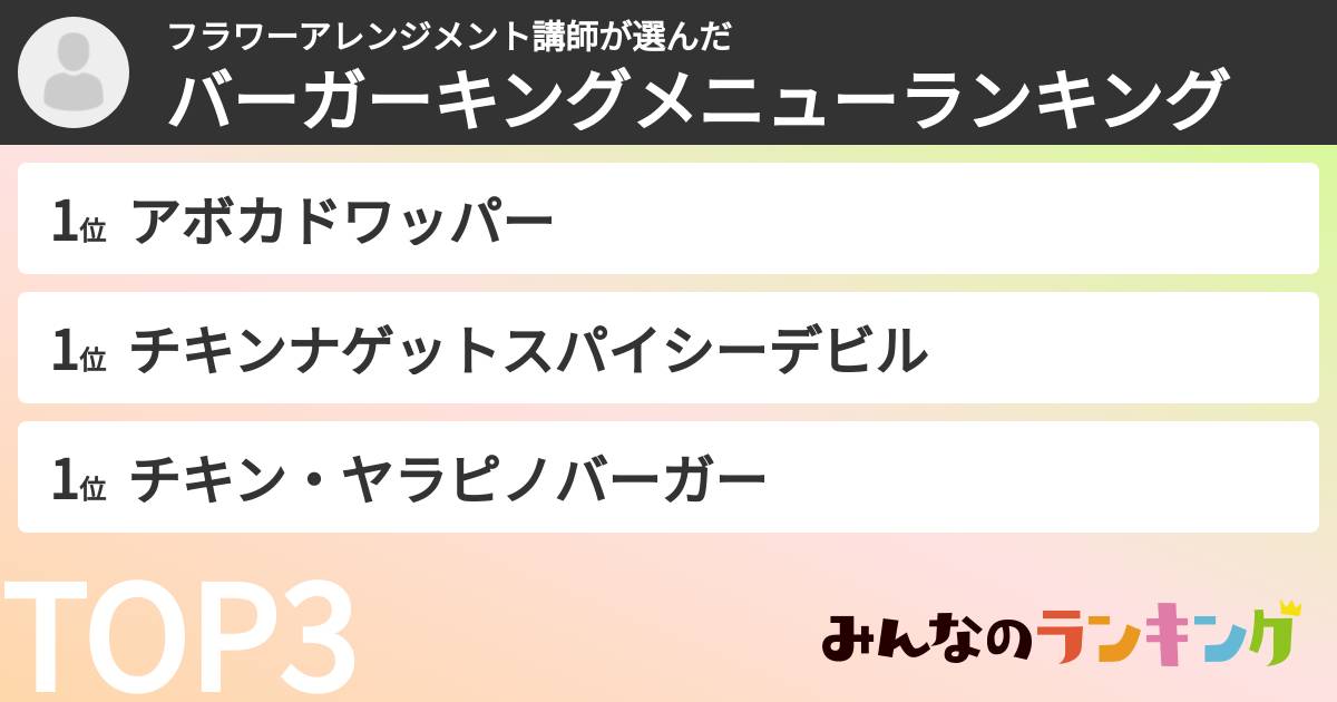 フラワーアレンジメント講師さんの「バーガーキングメニューランキング」