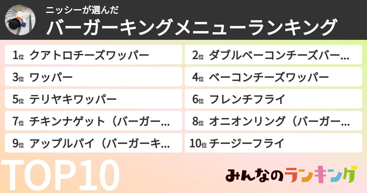 ニッシーさんの「バーガーキングメニューランキング」