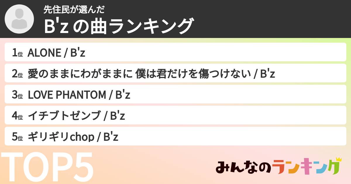 先住民さんの「B'z の曲ランキング」