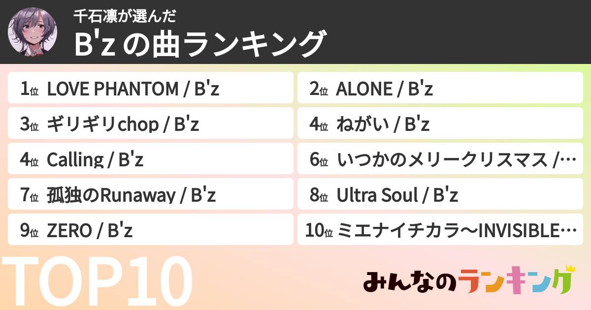 千石凛さんの「B'z の曲ランキング」