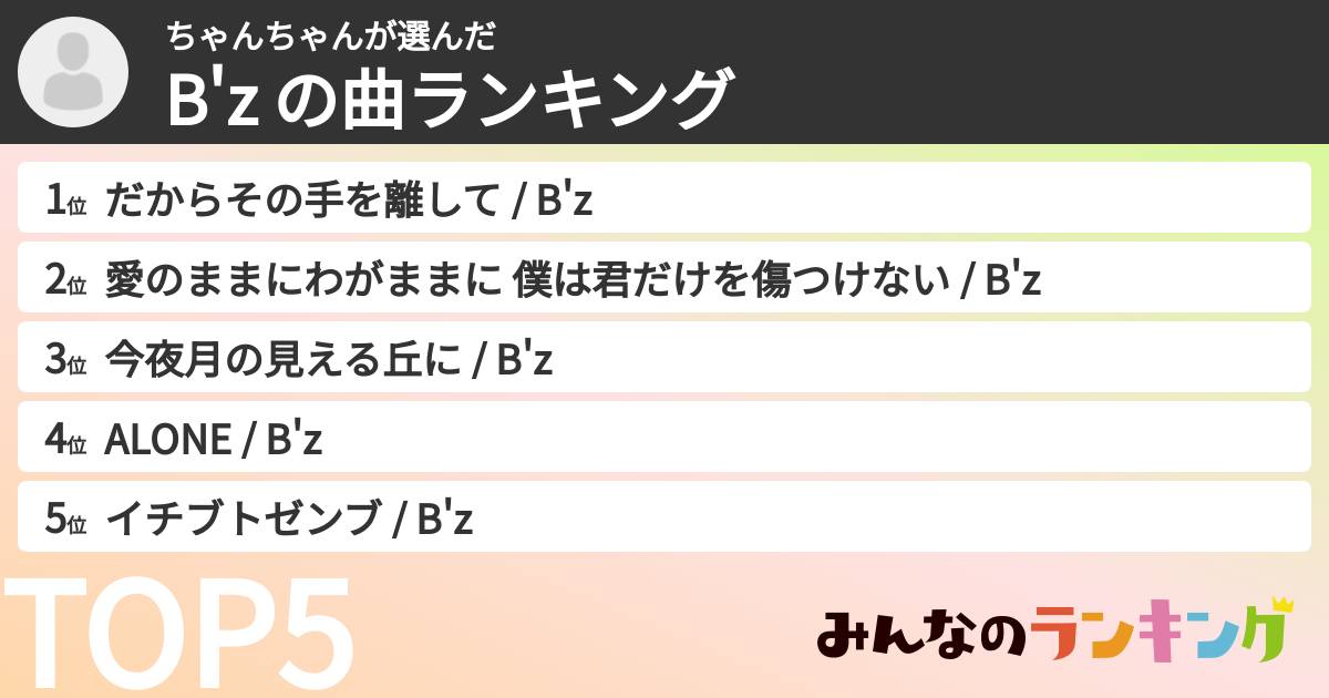 ちゃんちゃんさんの「B'z の曲ランキング」