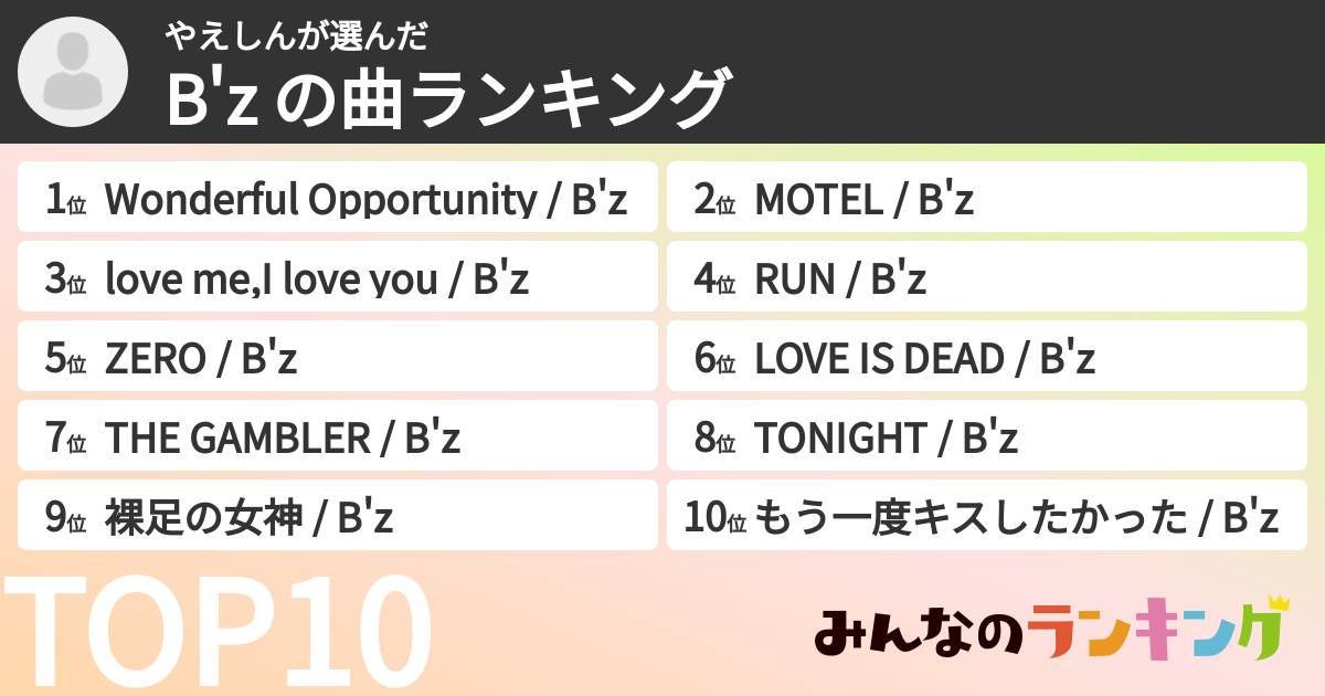 やえしんさんの「B'z の曲ランキング」
