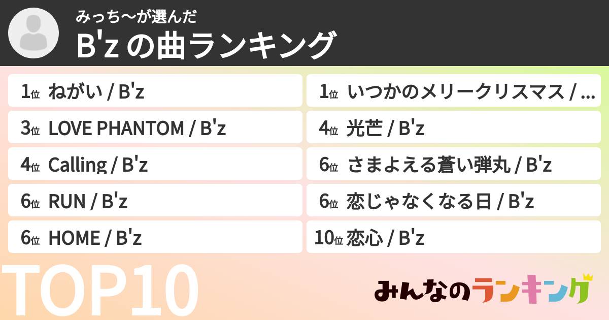 みっち〜さんの「B'z の曲ランキング」