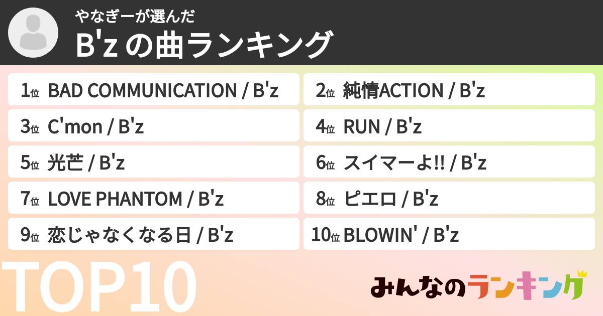 やなぎーさんの「B'z の曲ランキング」