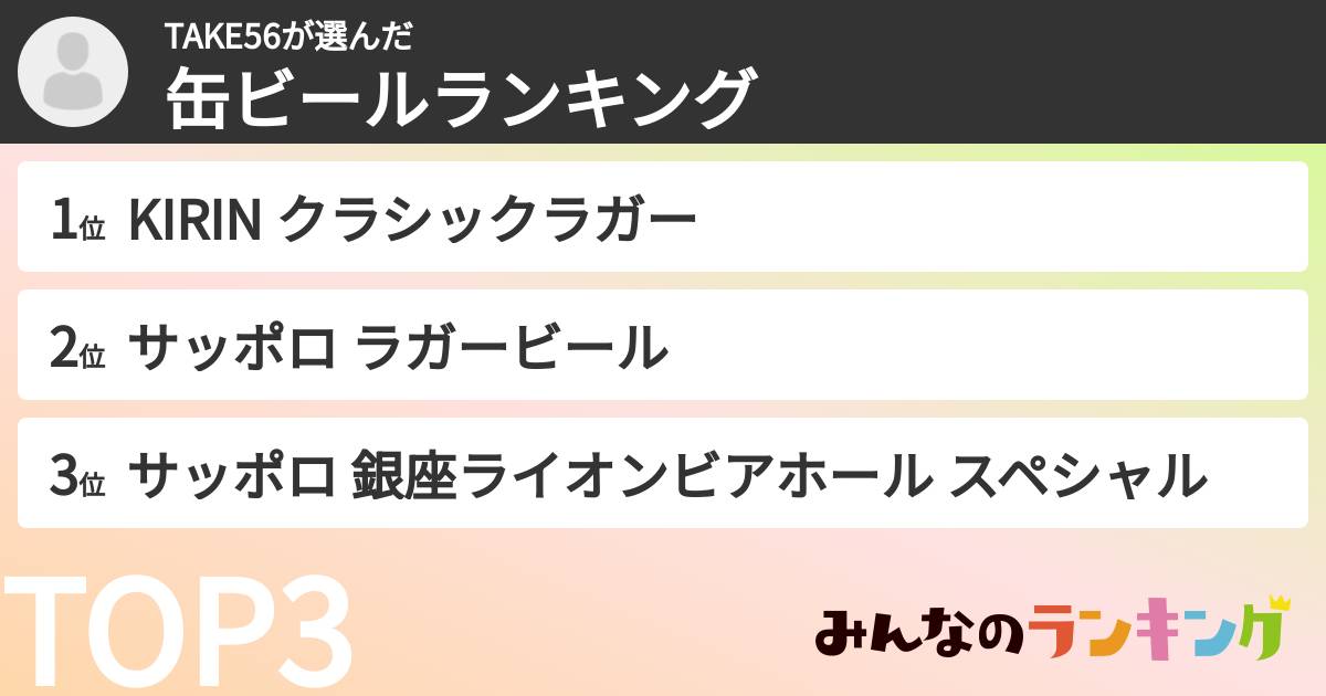 TAKE56さんの「缶ビールランキング」
