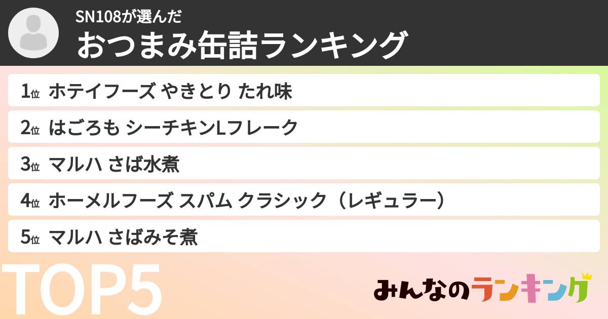 SN108さんの「おつまみ缶詰ランキング」