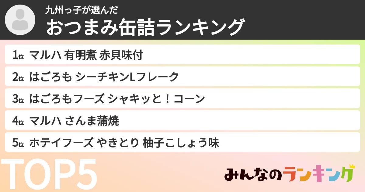九州っ子さんの「おつまみ缶詰ランキング」