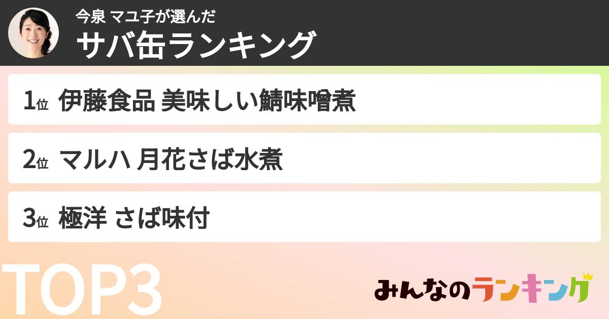 今泉 マユ子さんの「サバ缶ランキング」