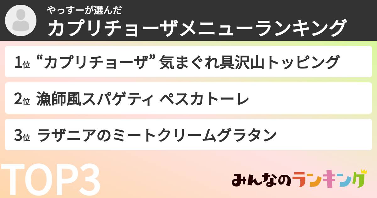 やっすーさんの「カプリチョーザメニューランキング」