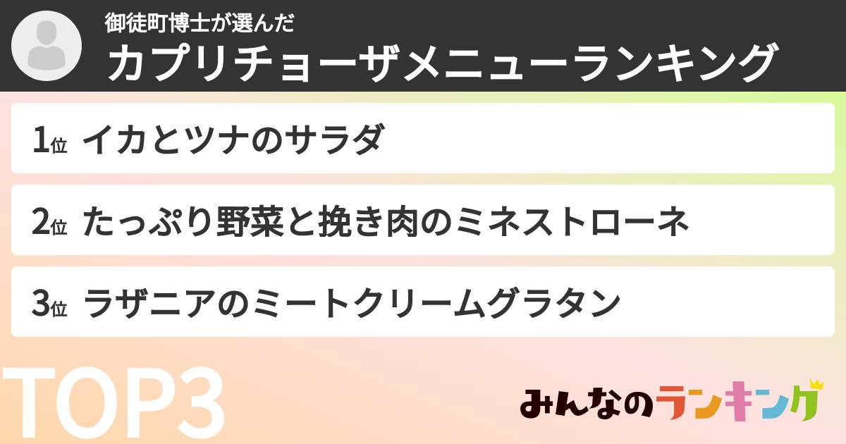 御徒町博士さんの「カプリチョーザメニューランキング」