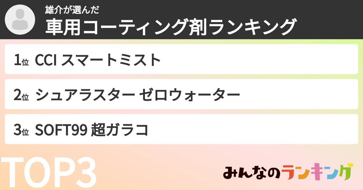 雄介さんの「車用コーティング剤ランキング」
