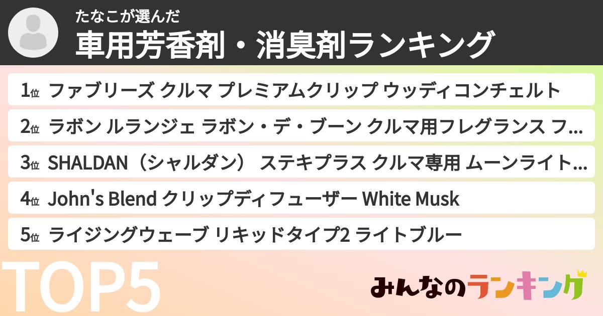 たなこさんの「車用芳香剤・消臭剤ランキング」