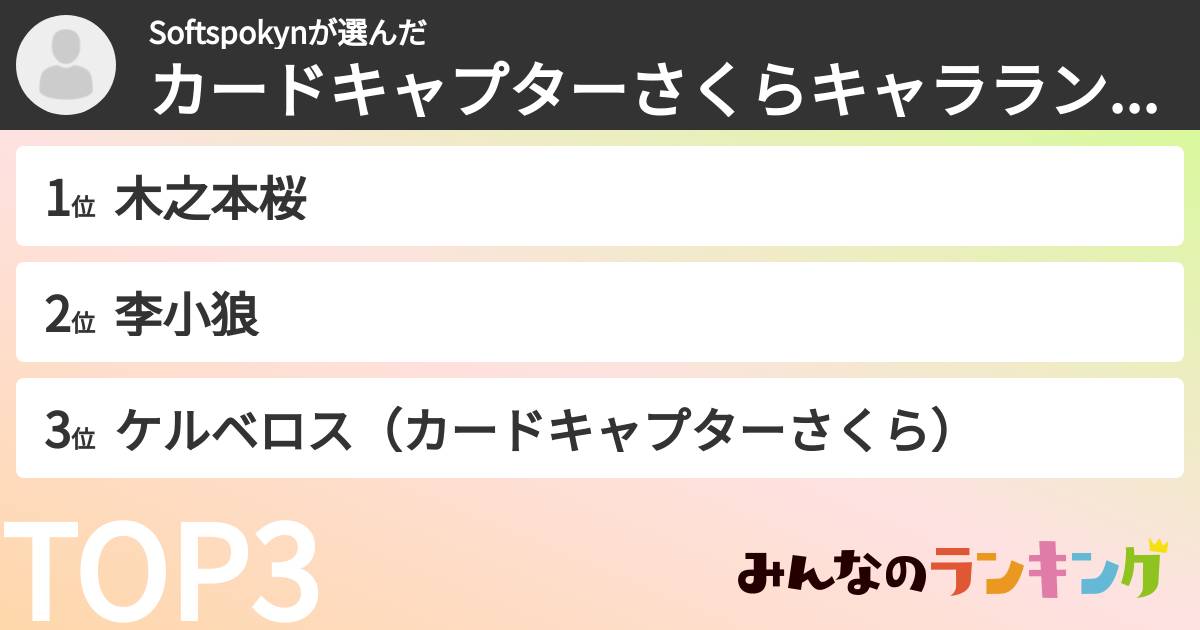 Softspokynさんの「カードキャプターさくらキャラランキング」