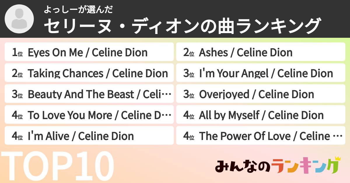 よっしーさんの「セリーヌ・ディオンの曲ランキング」