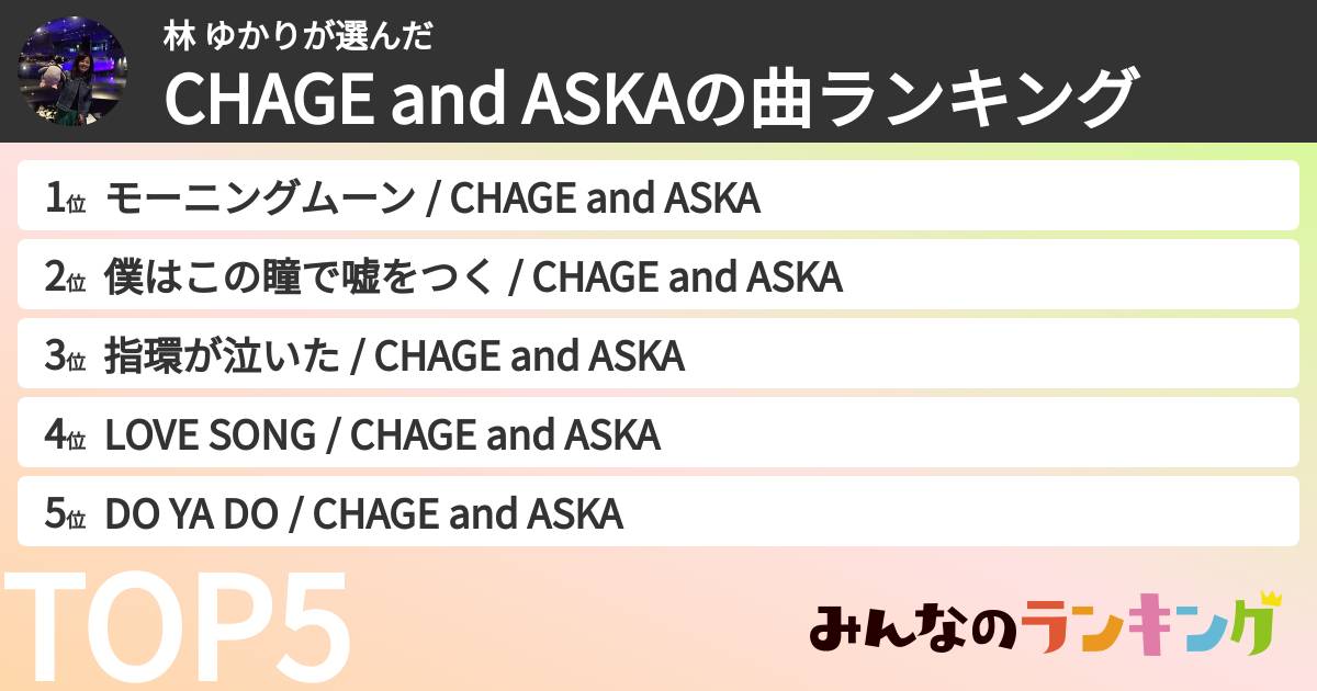 林 ゆかりさんの「CHAGE and ASKAの曲ランキング」