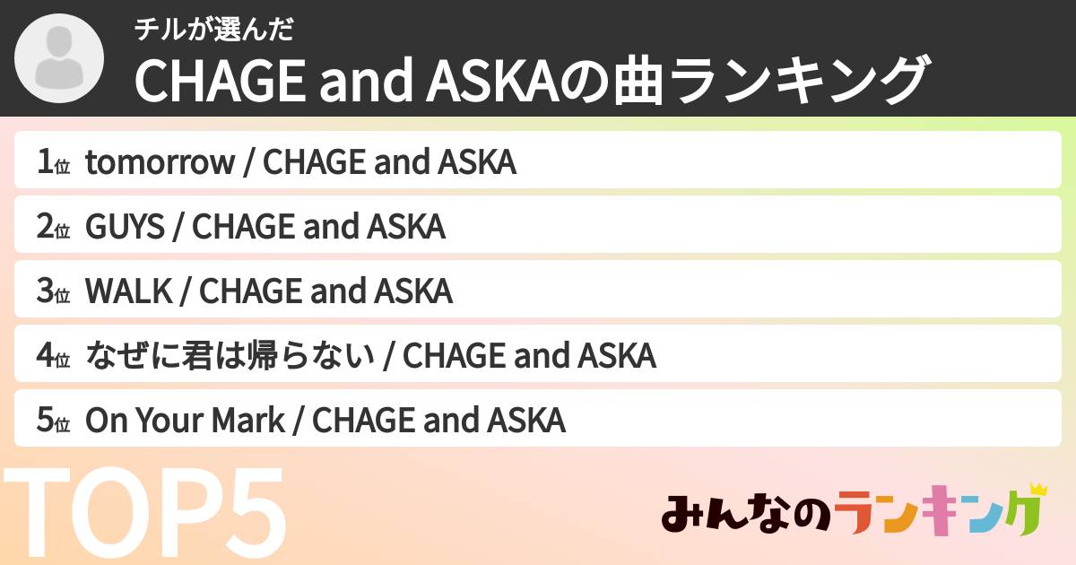 チルさんの「CHAGE and ASKAの曲ランキング」