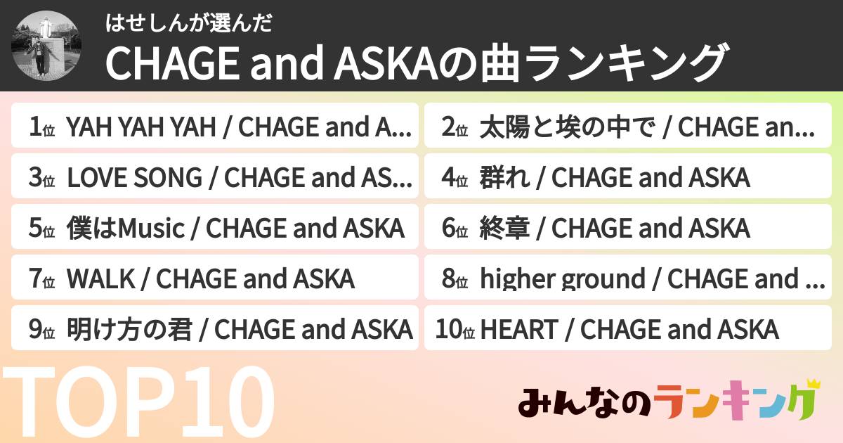 はせしんさんの「CHAGE and ASKAの曲ランキング」