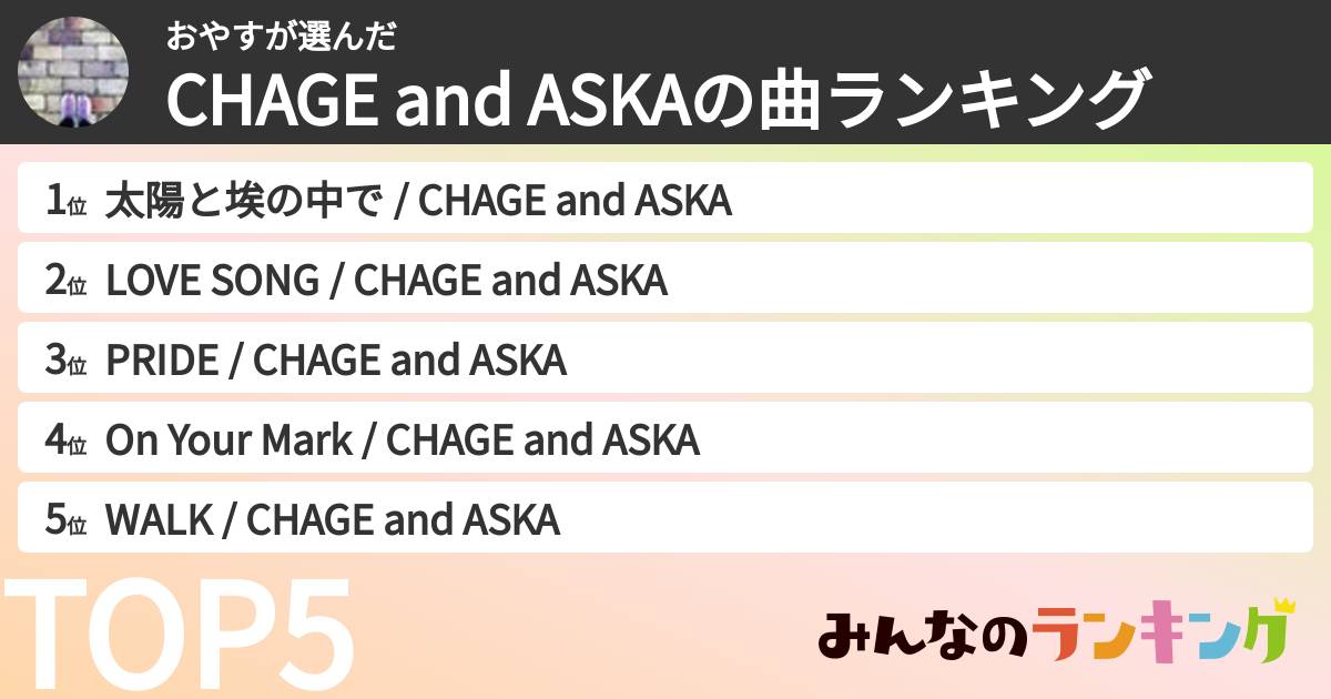 おやすさんの「CHAGE and ASKAの曲ランキング」
