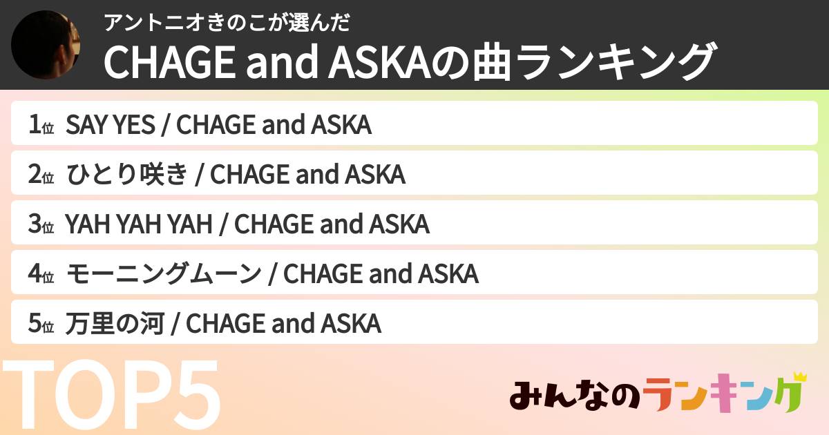 アントニオきのこさんの「CHAGE and ASKAの曲ランキング」