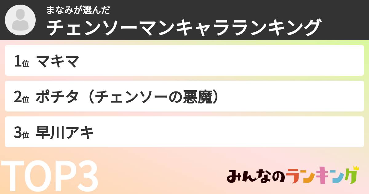 まなみさんの「チェンソーマンキャラランキング」