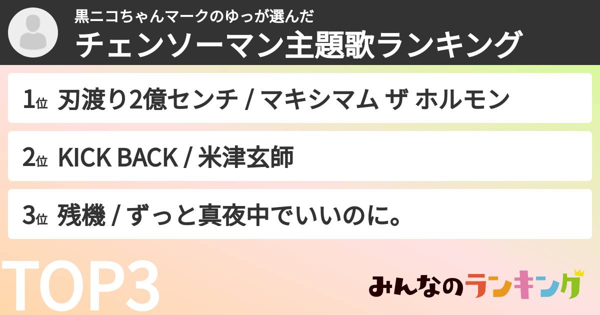 黒ニコちゃんマークのゆっさんの「チェンソーマン主題歌ランキング」