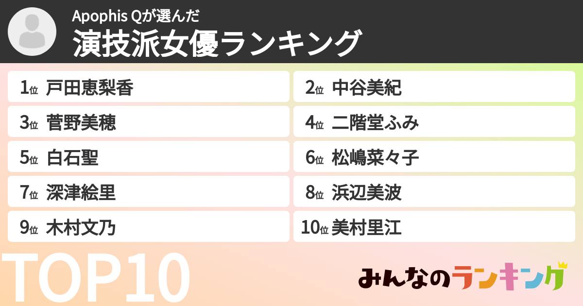 Apophis Qさんの「演技派女優ランキング」