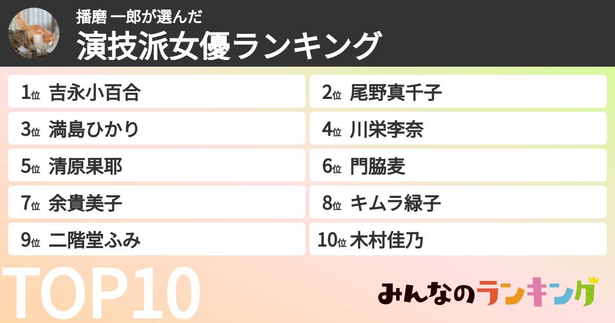 播磨 一郎さんの「演技派女優ランキング」