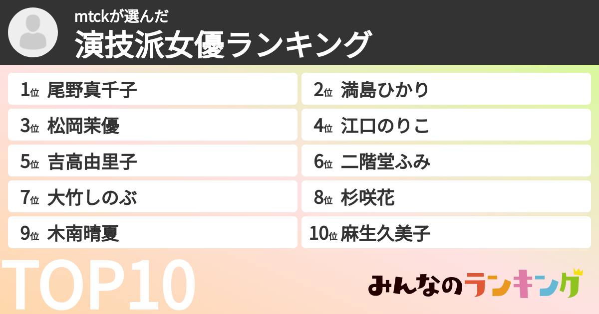 mtckさんの「演技派女優ランキング」