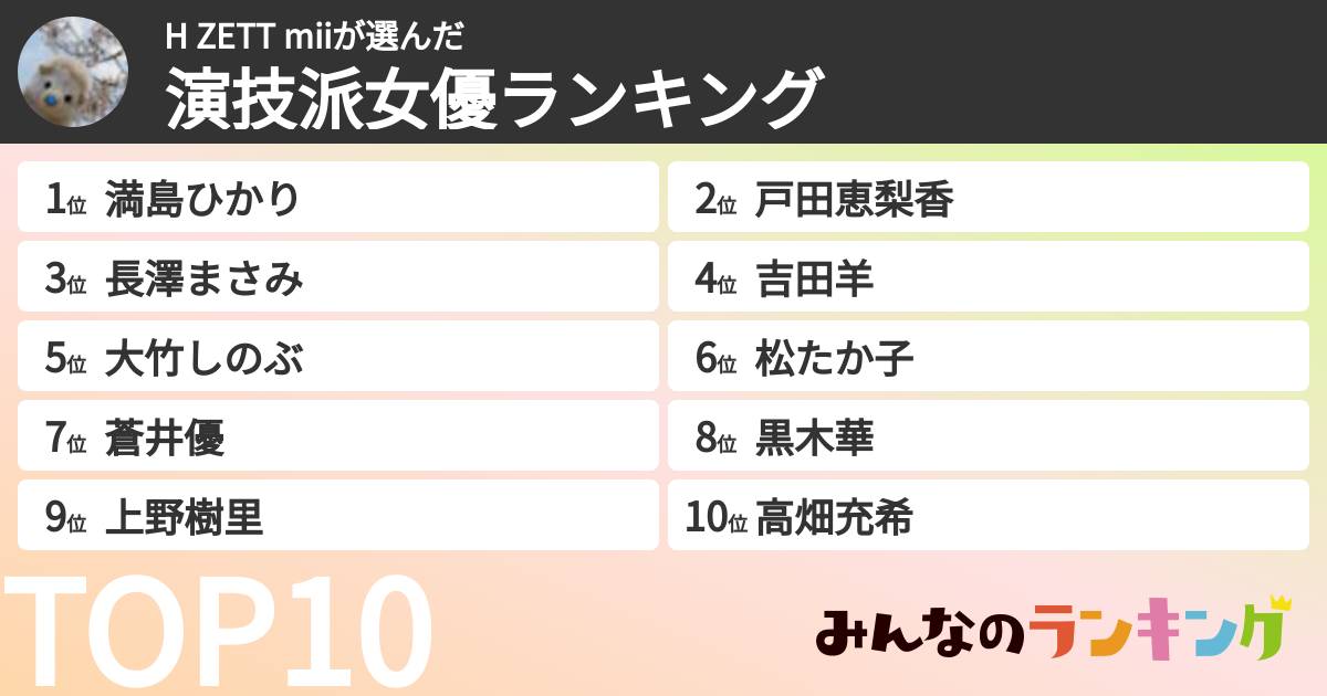 H ZETT miiさんの「演技派女優ランキング」