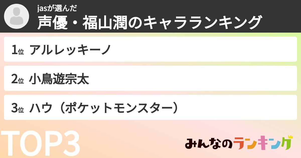 jasさんの「声優・福山潤のキャラランキング」
