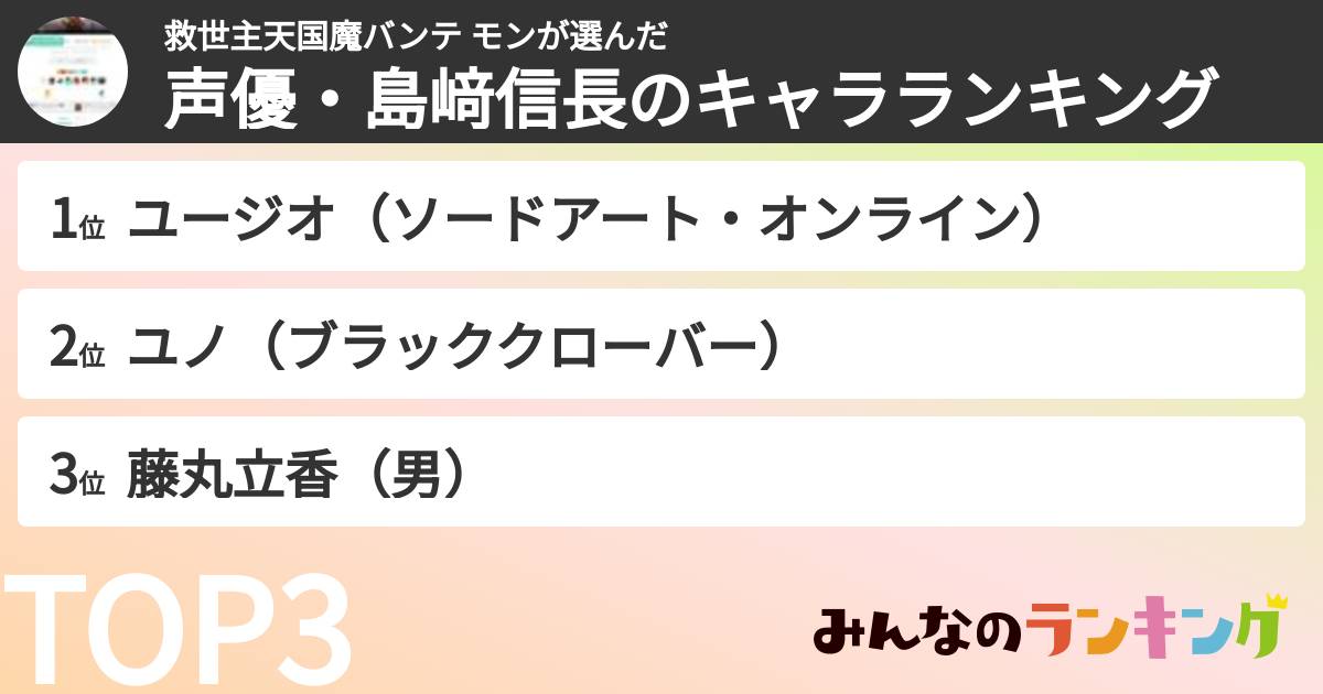 救世主天国魔バンテ モンさんの「声優・島﨑信長のキャラランキング」