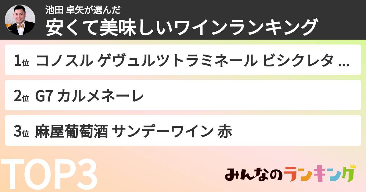 池田 卓矢さんの「安くて美味しいワインランキング」