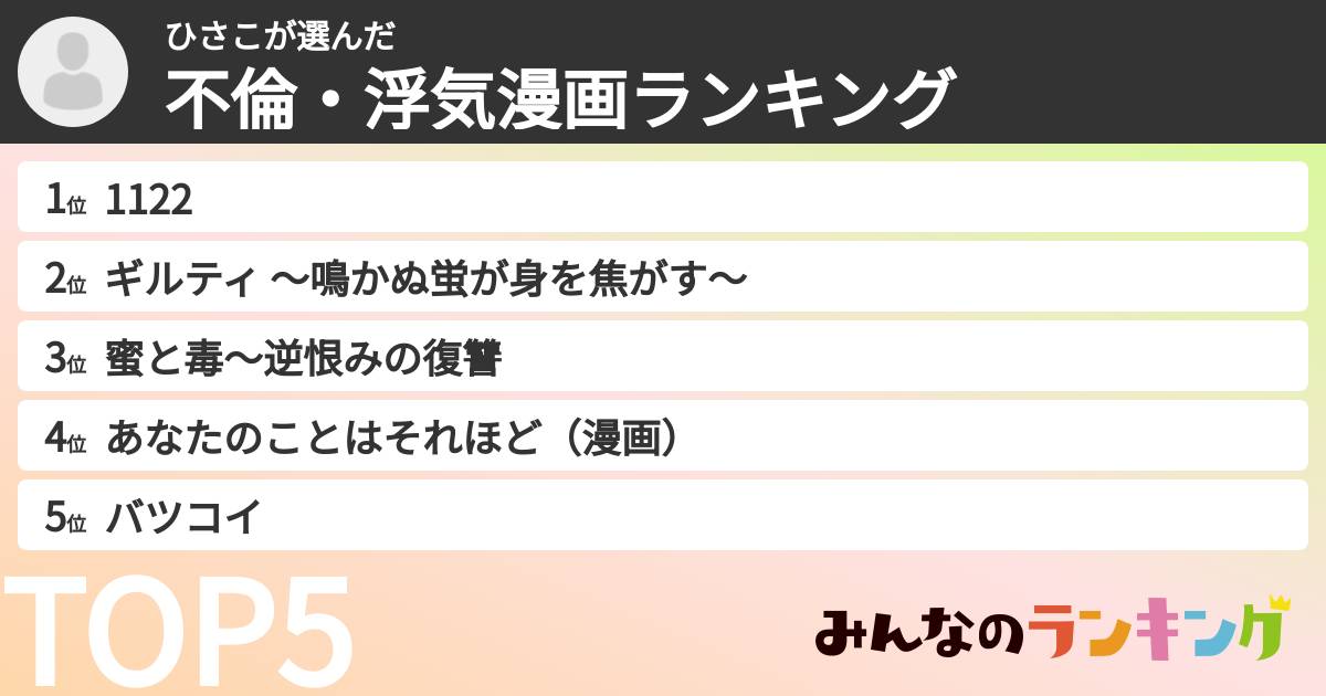ひさこさんの「不倫・浮気漫画ランキング」