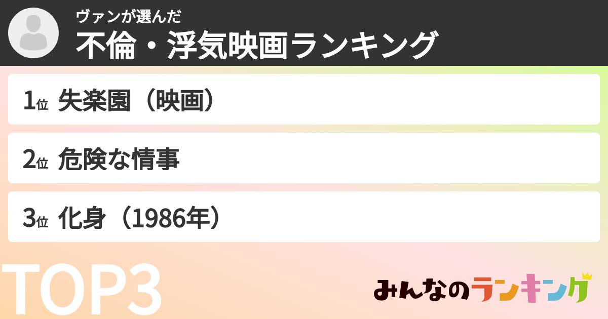 ヴァンさんの「不倫・浮気映画ランキング」