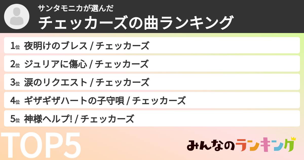 サンタモニカさんの「チェッカーズの曲ランキング」