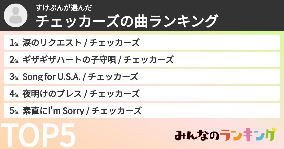 すけぷんさんの「チェッカーズの曲ランキング」