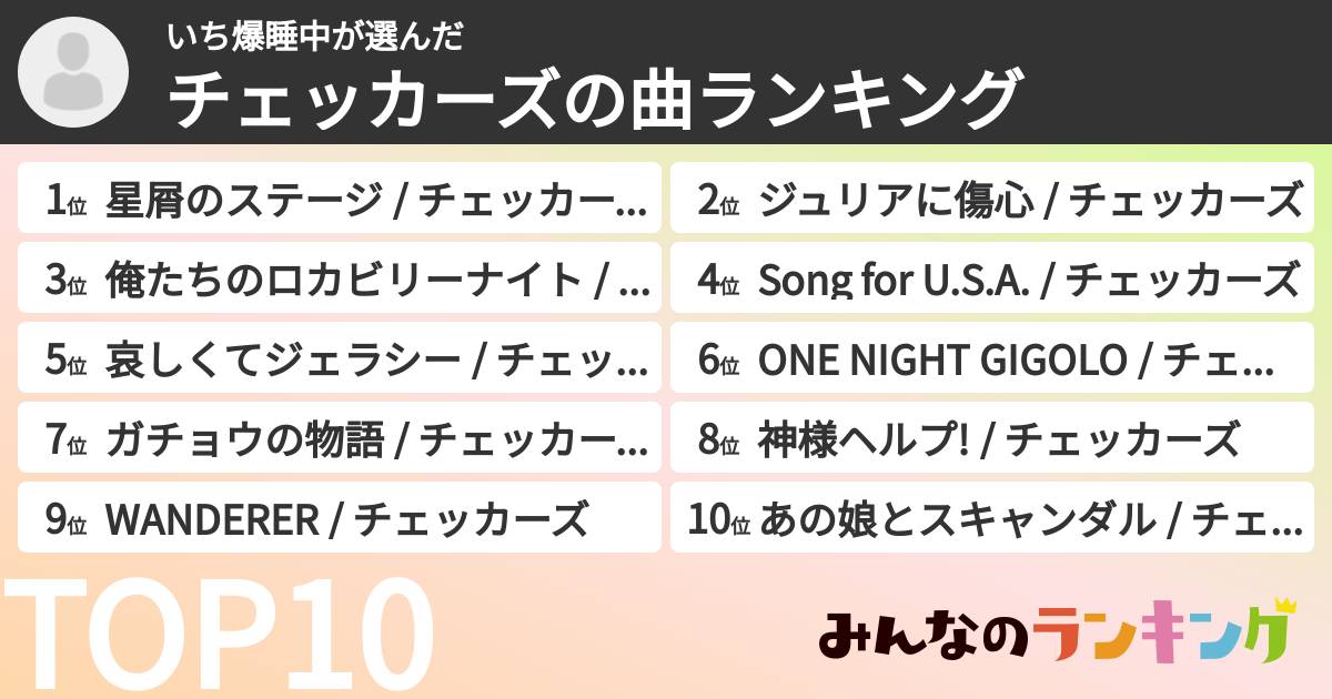いち爆睡中さんの「チェッカーズの曲ランキング」
