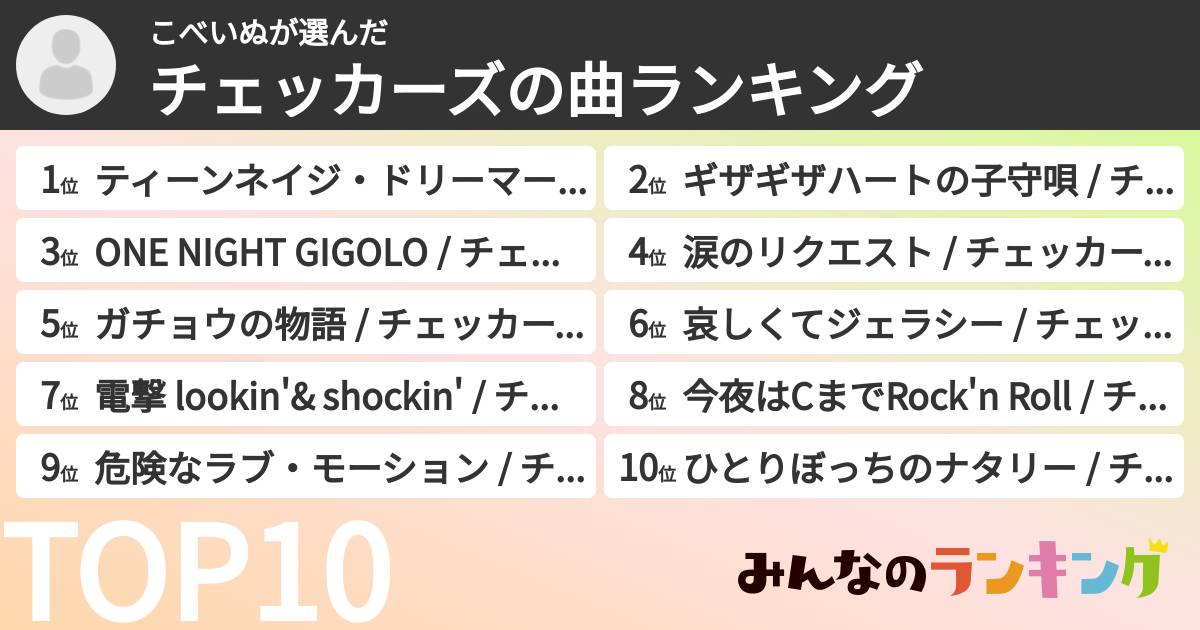 こべいぬさんの「チェッカーズの曲ランキング」